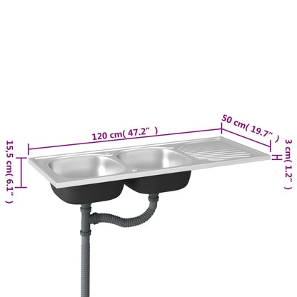 Gootsteen Dubbele Bakken 1200X500X155 Mm Roestvrij Staal Zilver