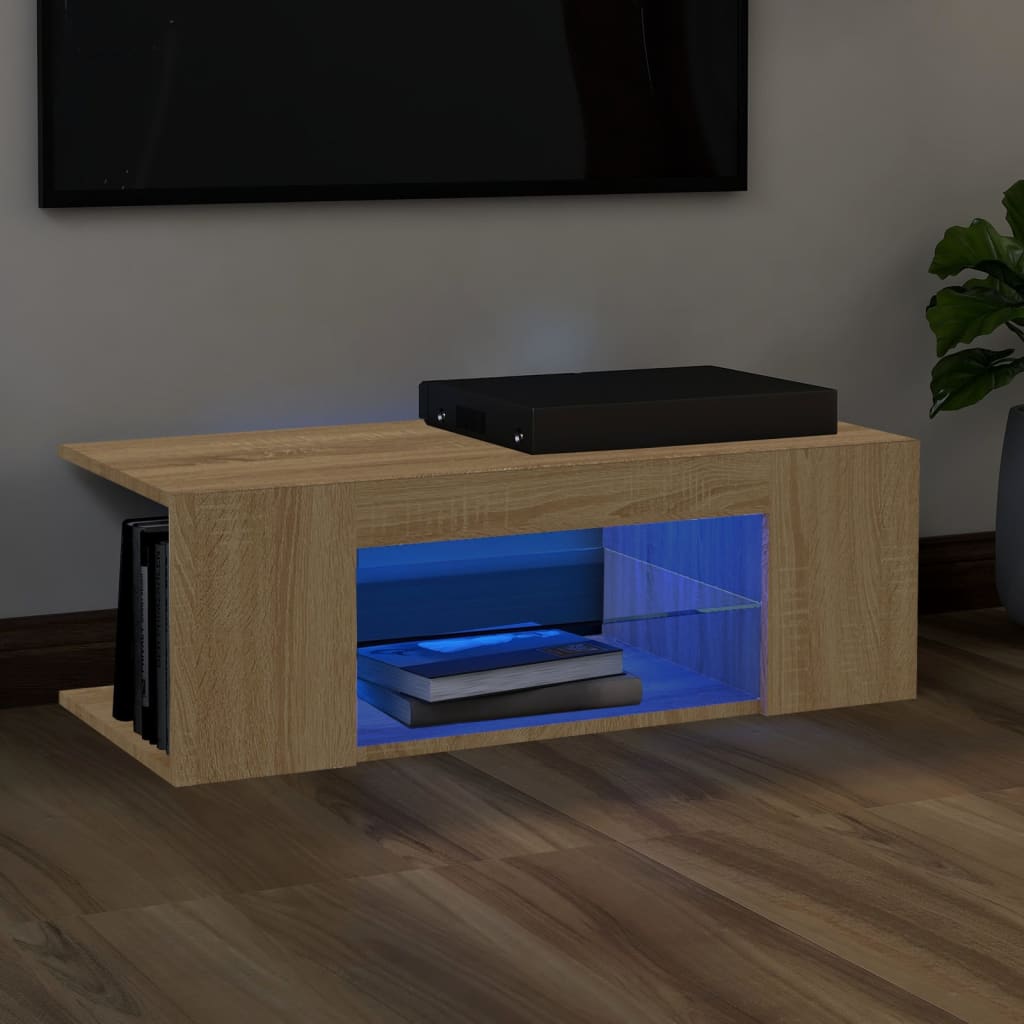 Tv-Meubel Met Led 90X39X30 Cm Bewerkt Hout Artisanaal Eiken