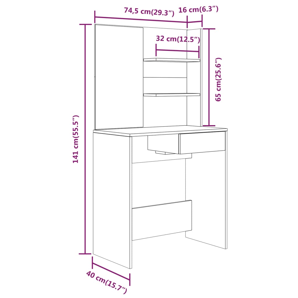 Kaptafel Met Spiegel 74,5X40X141 Cm Wit