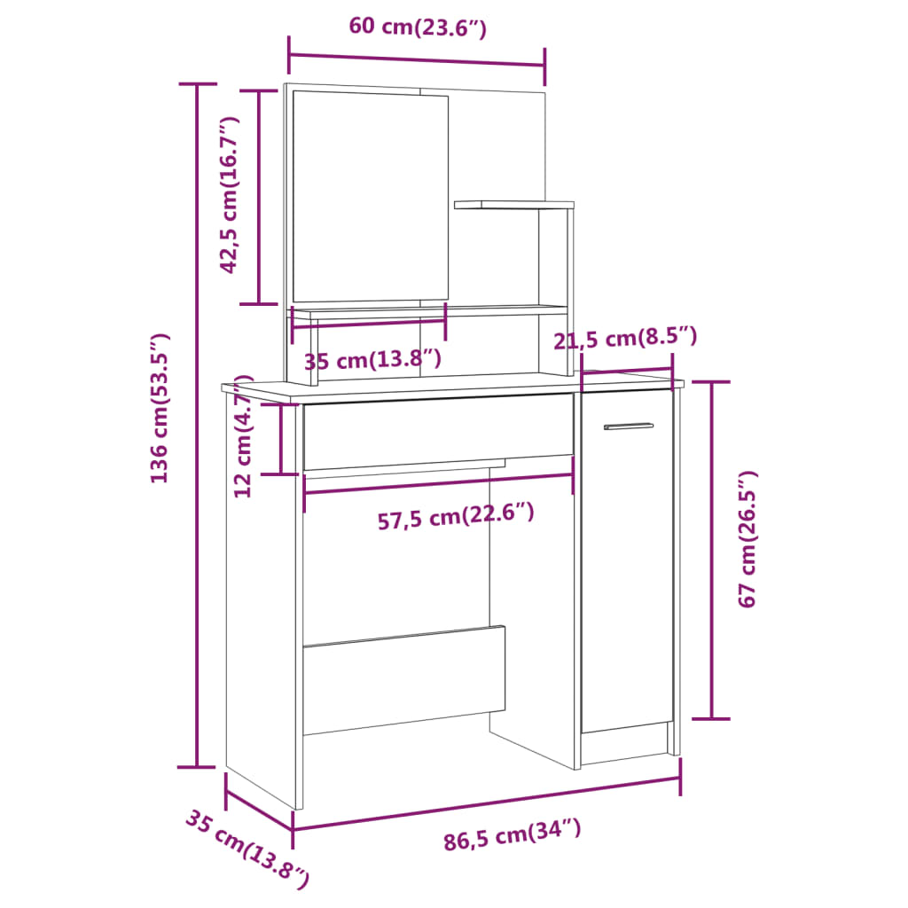 Kaptafel Met Spiegel 86,5X35X136 Cm Sonoma Eikenkleurig