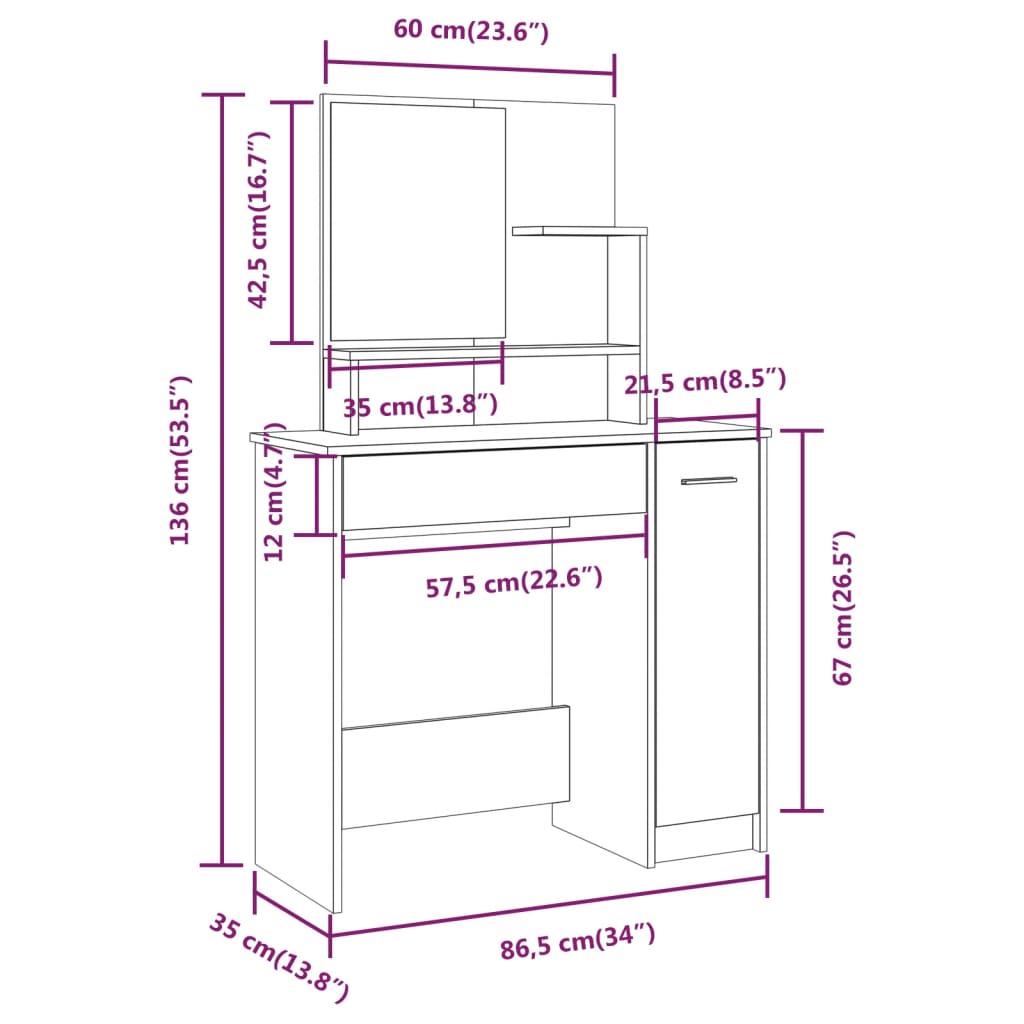 Kaptafel Met Spiegel 86,5X35X136 Cm Grijs Sonoma Eikenkleurig