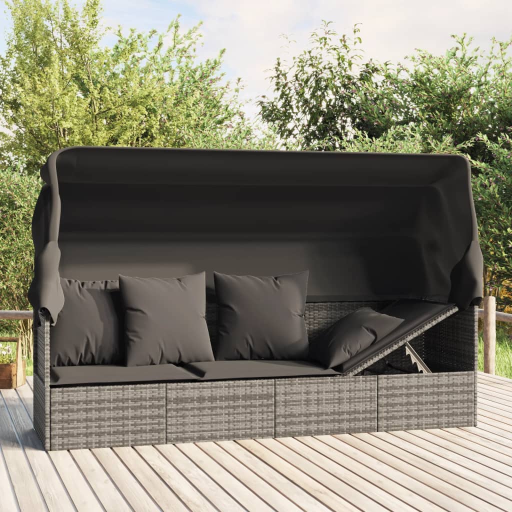 Loungebed Met Luifel En Kussens Poly Rattan Zwart