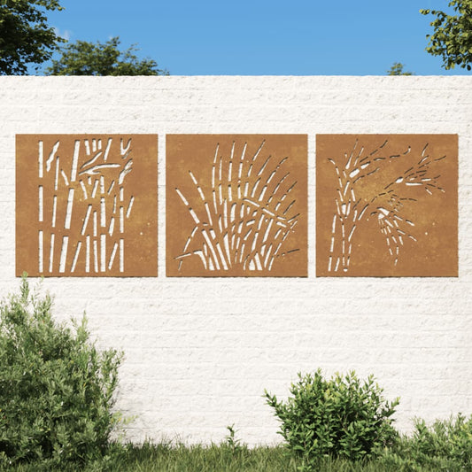 Wanddecoratie Tuin 3 St Grasontwerp 55X55 Cm Cortenstaal
