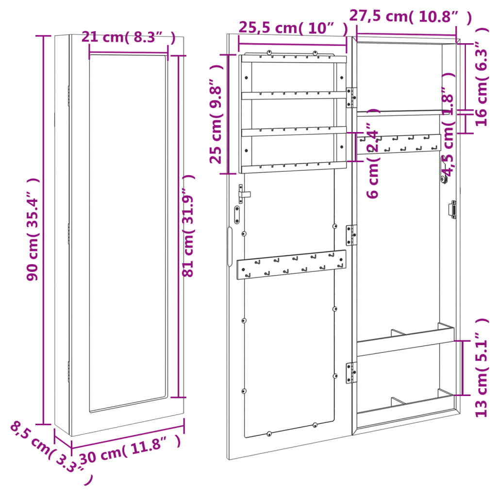 Sieradenkast Met Spiegel Wandgemonteerd 30X8,5X90 Cm Zwart