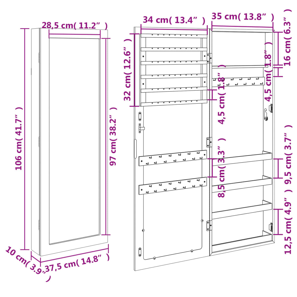 Sieradenkast Met Spiegel Wandgemonteerd 37,5X10X106 Cm Wit