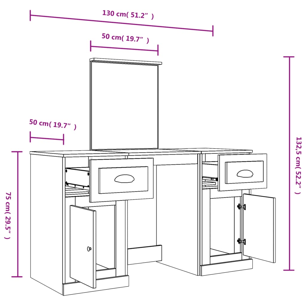 Kaptafel Met Spiegel 130X50X132,5 Cm Grijs Sonoma Eikenkleurig