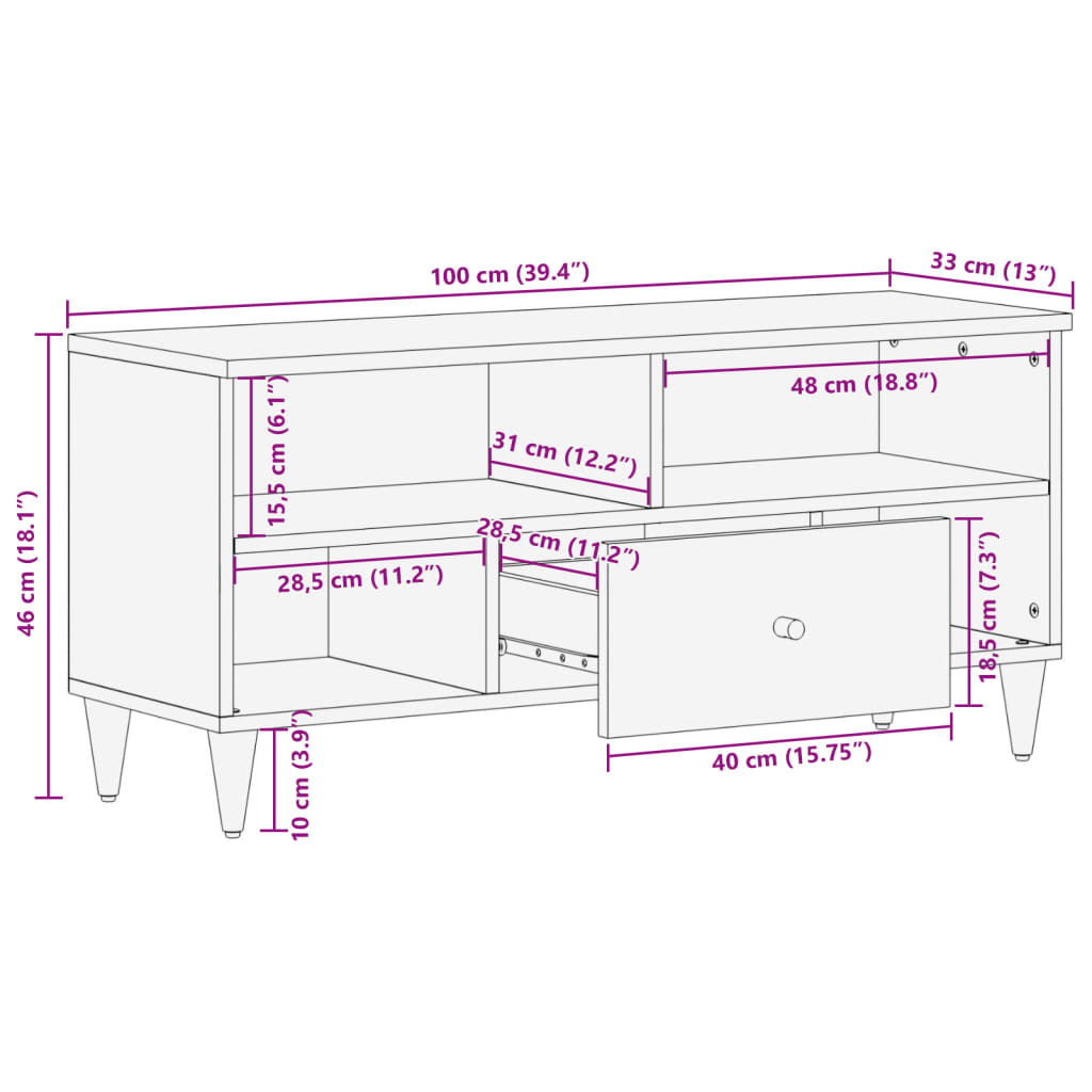 Tv-Meubel 100X33X46 Cm Massief Mangohout