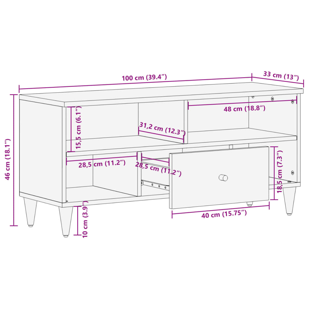 Tv-Meubel 100X33X46 Cm Massief Mangohout