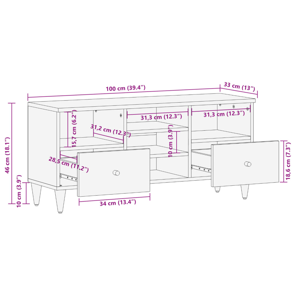 Tv-Meubel 100X33X46 Cm Massief Mangohout