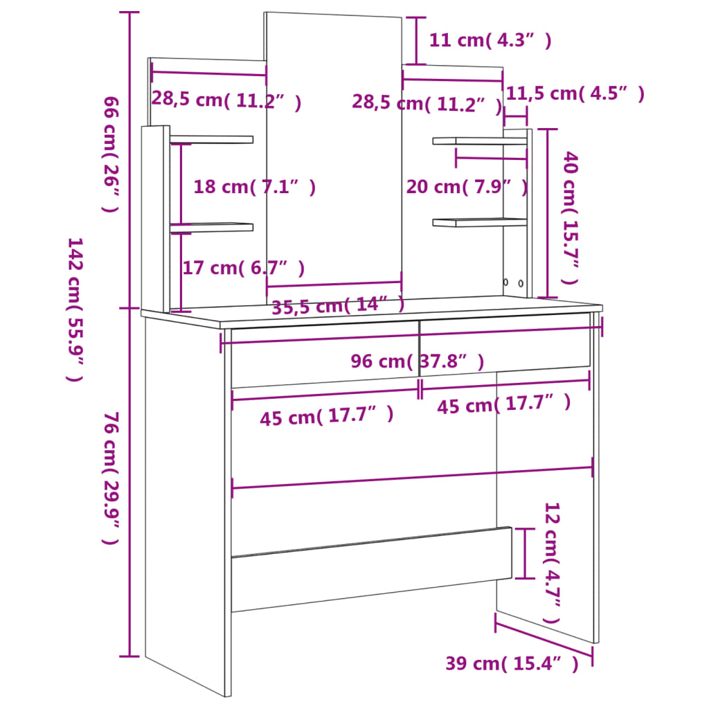 Kaptafel Met Spiegel 96X39X142 Cm Wit