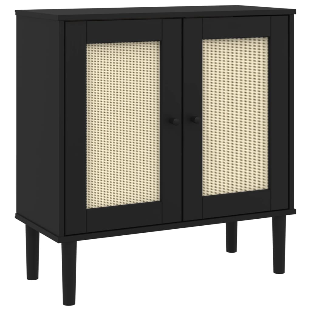 Dressoir Senja 80X35X80 Cm Rattan Look Massief Grenenhout Zwart