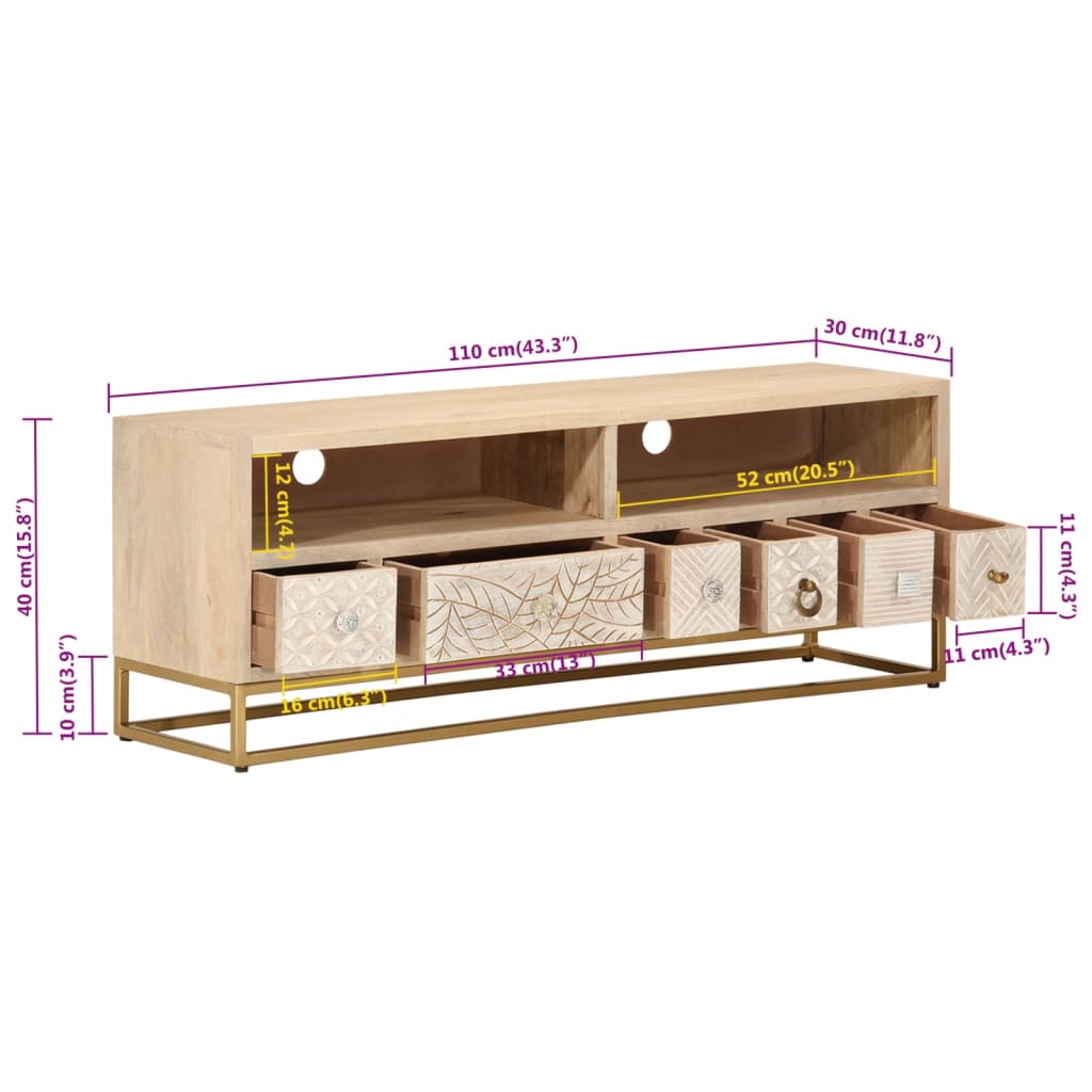 Tv-Meubel 110X30X40 Cm Massief Ruw Mangohout En Ijzer