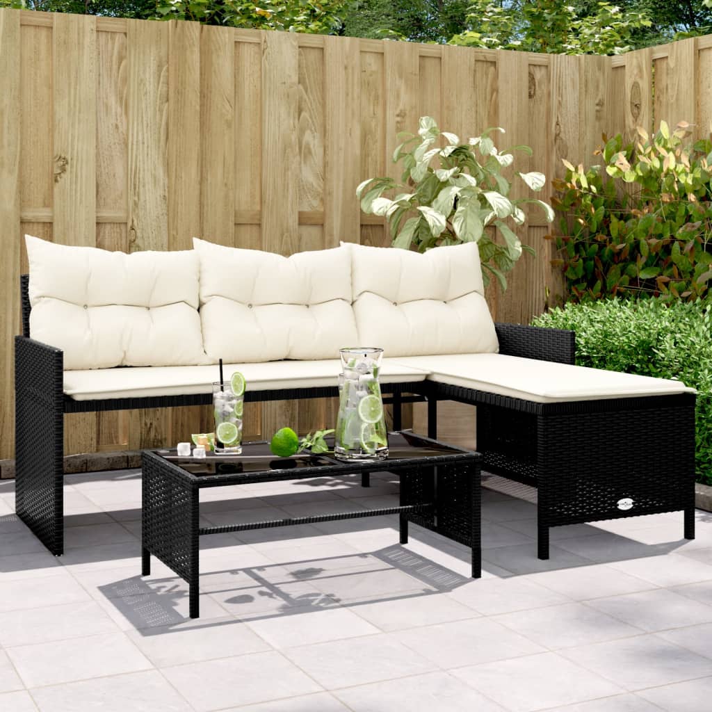 Tuinbank Met Tafel En Kussens L-Vormig Poly Rattan