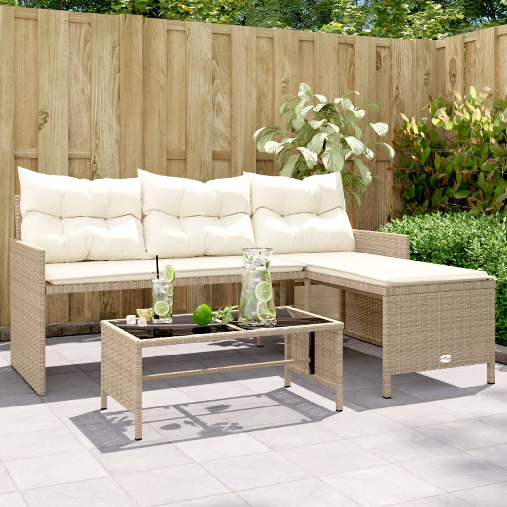 Tuinbank Met Tafel En Kussens L-Vormig Poly Rattan