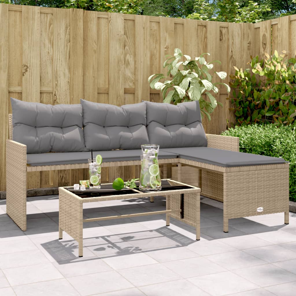 Tuinbank Met Tafel En Kussens L-Vormig Poly Rattan