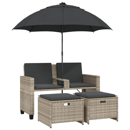 Tuinbank 2-Zits Parasol En Voetenbanken Poly Rattan