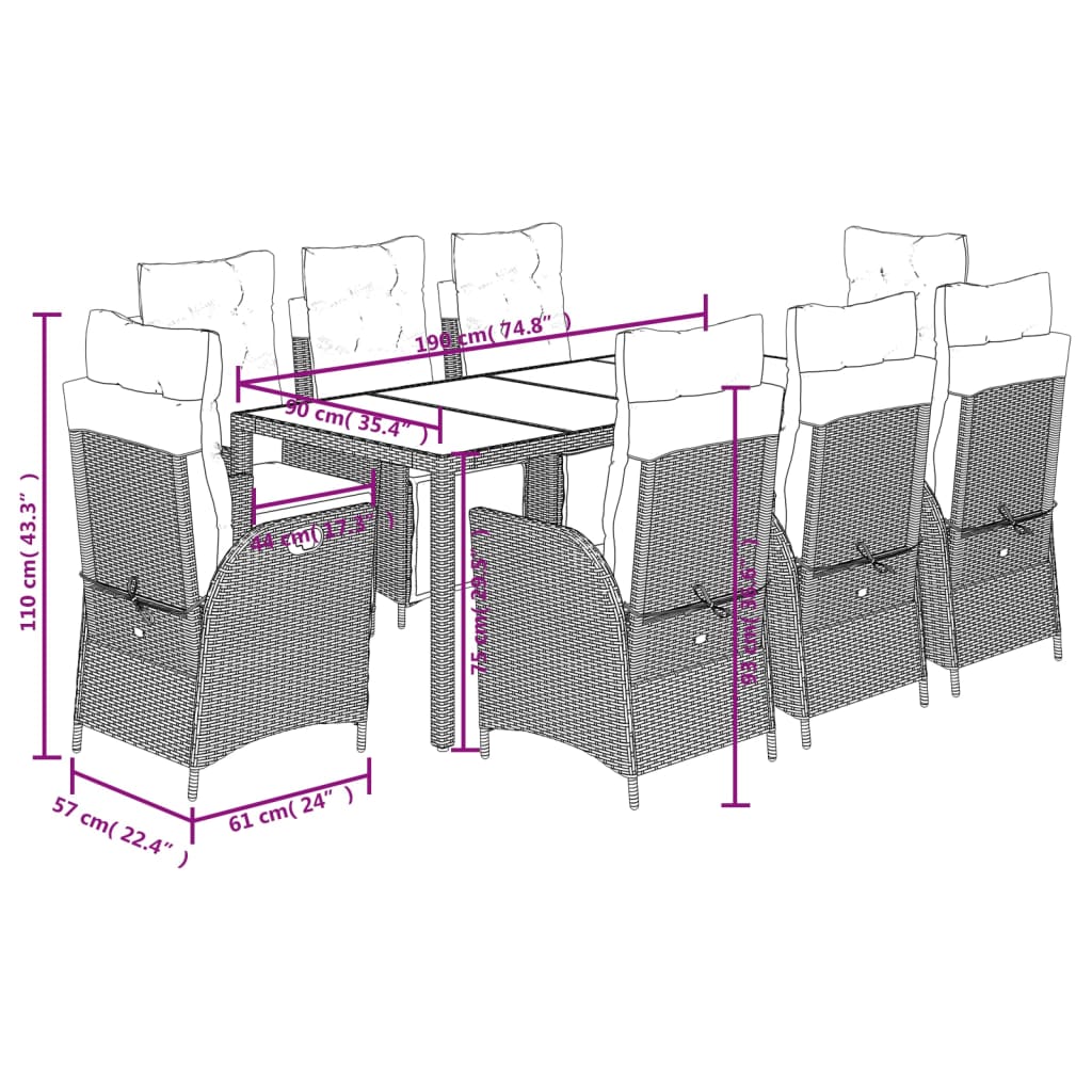 9-Delige Tuinset Poly Rattan Zwart