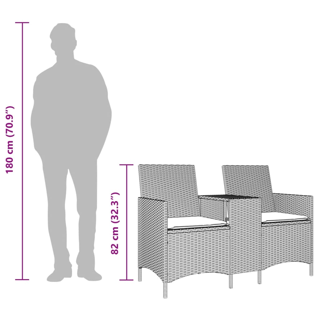 Tuinbank 2-Zits Met Tafel En Kussens Poly Rattan