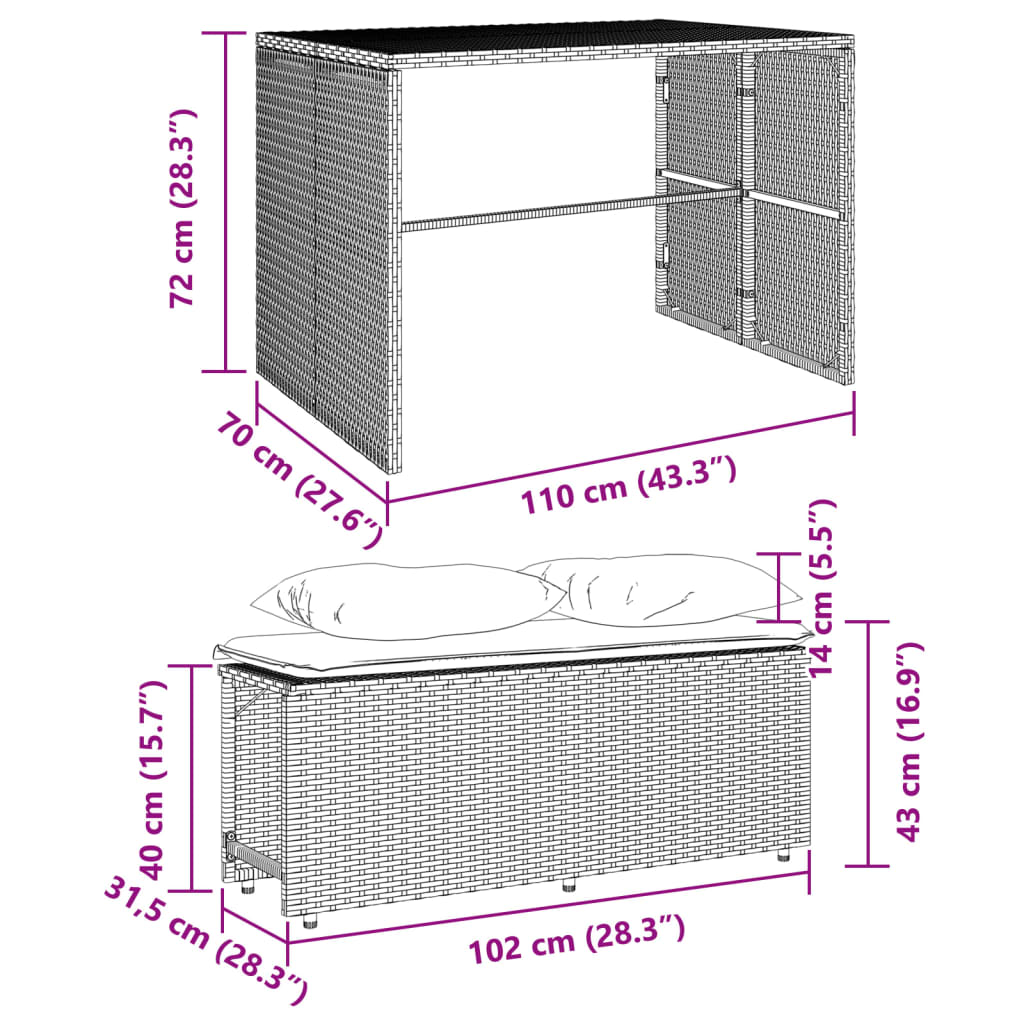 3-Delige Tuinset Met Kussens Poly Rattan