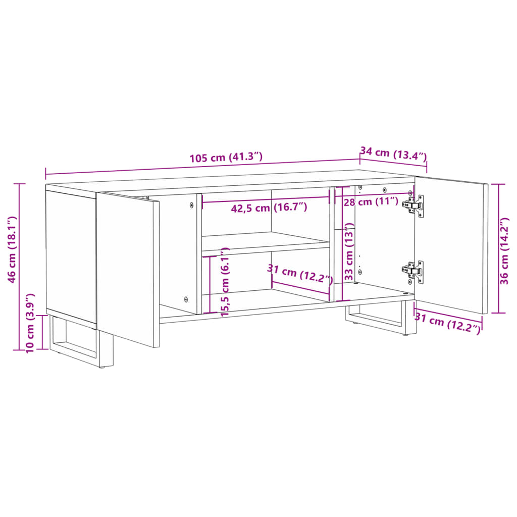 Tv-Meubel 105X34X46 Cm Massief Mangohout Bruin