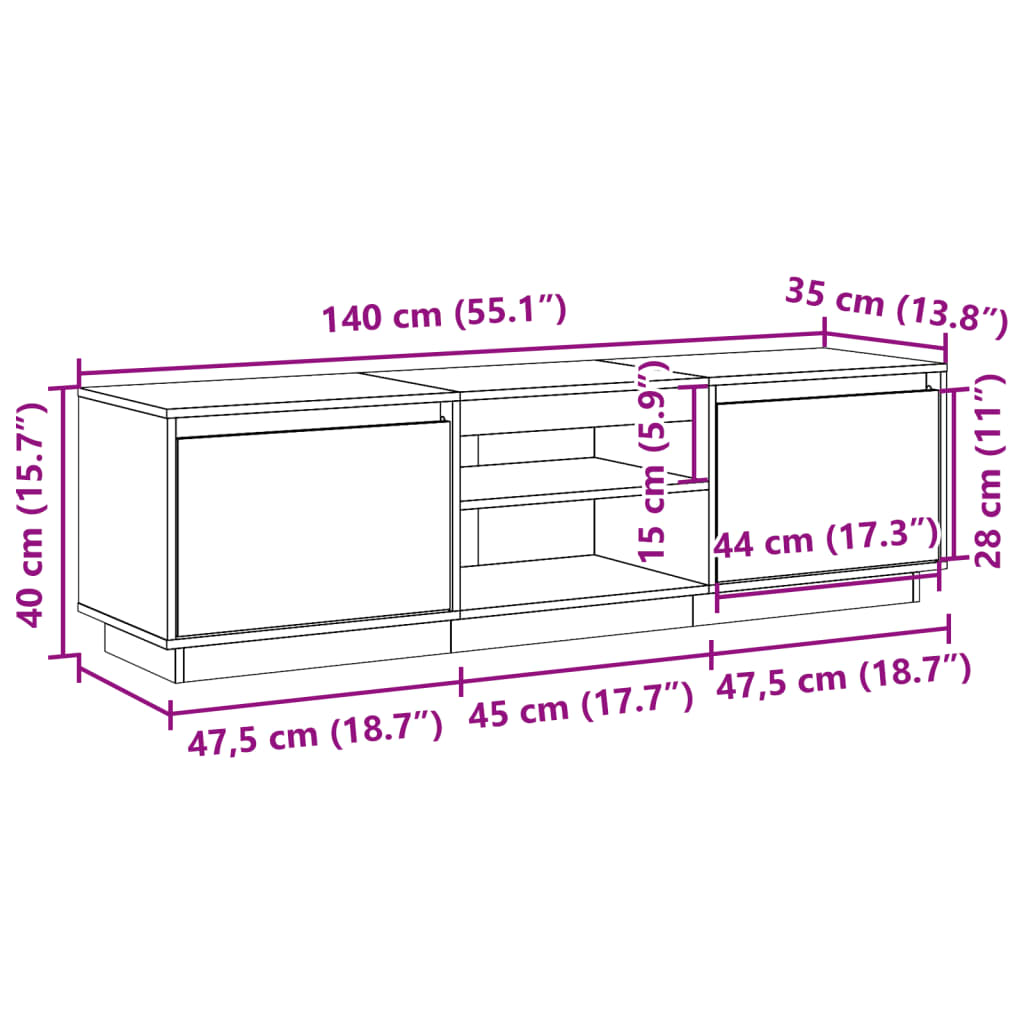 Tv-Meubel 140X35X40 Cm Massief Grenenhout Wasbruin