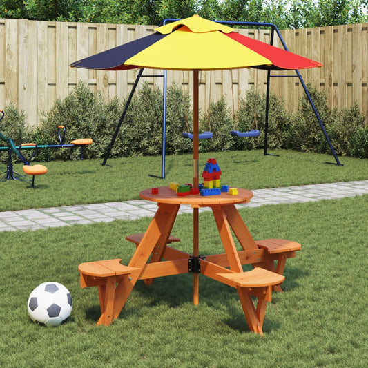 Picknicktafel Voor 4 Kinderen Met Parasol Rond Vurenhout