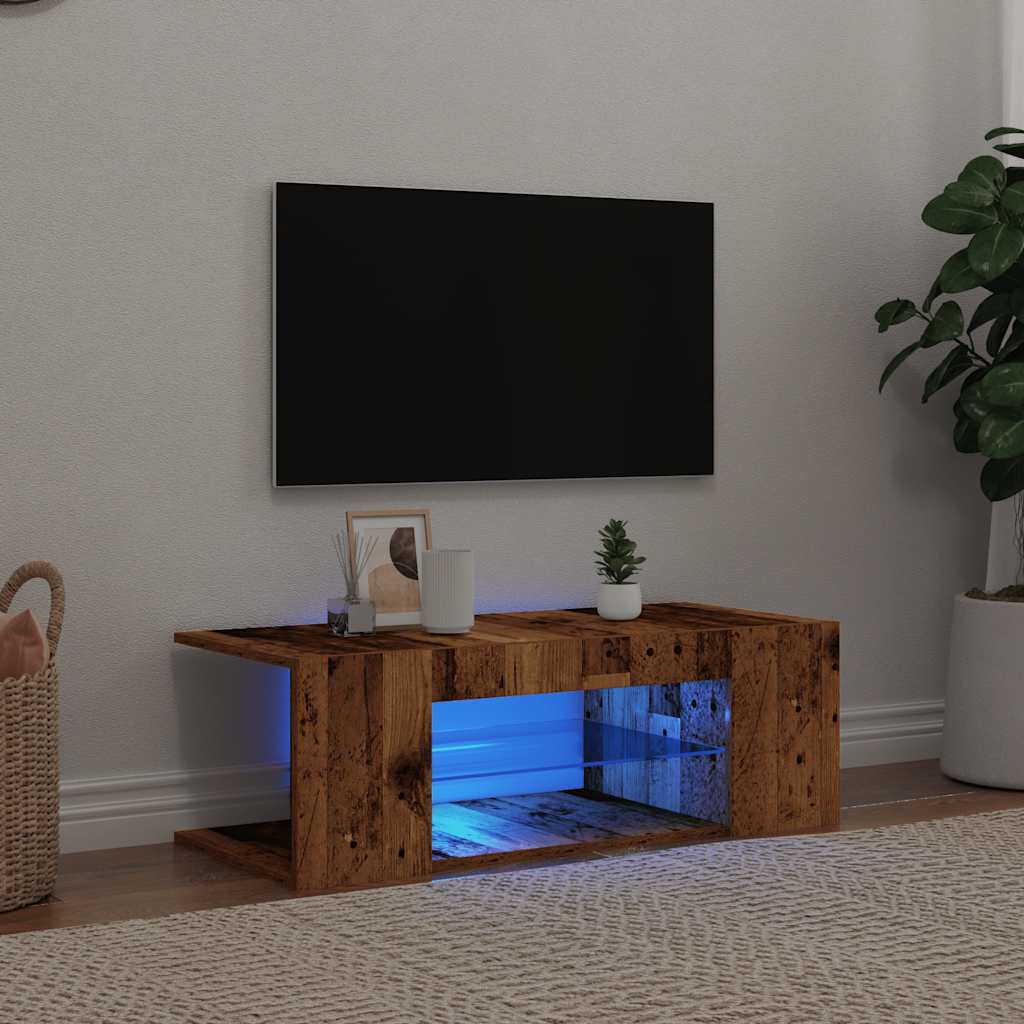 Tv-Meubel Met Led 90X39X30 Cm Bewerkt Hout Artisanaal Eiken