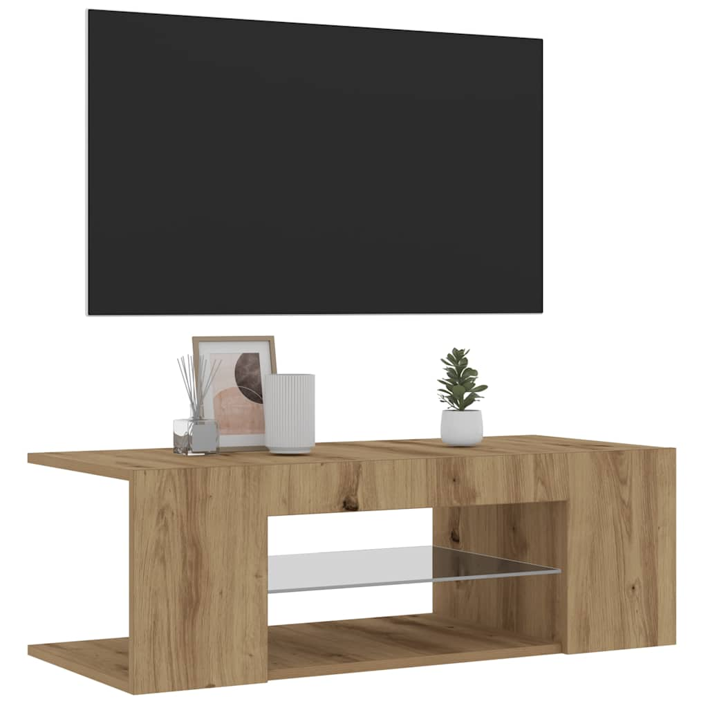 Tv-Meubel Met Led 90X39X30 Cm Bewerkt Hout Artisanaal Eiken