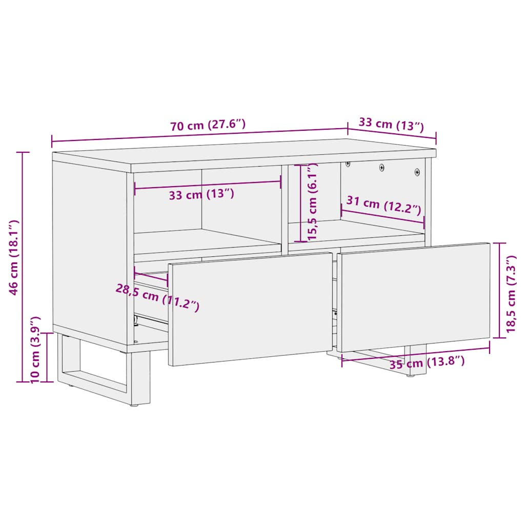 Tv-Meubel 70X33X46 Cm Massief Mangohout Zwart