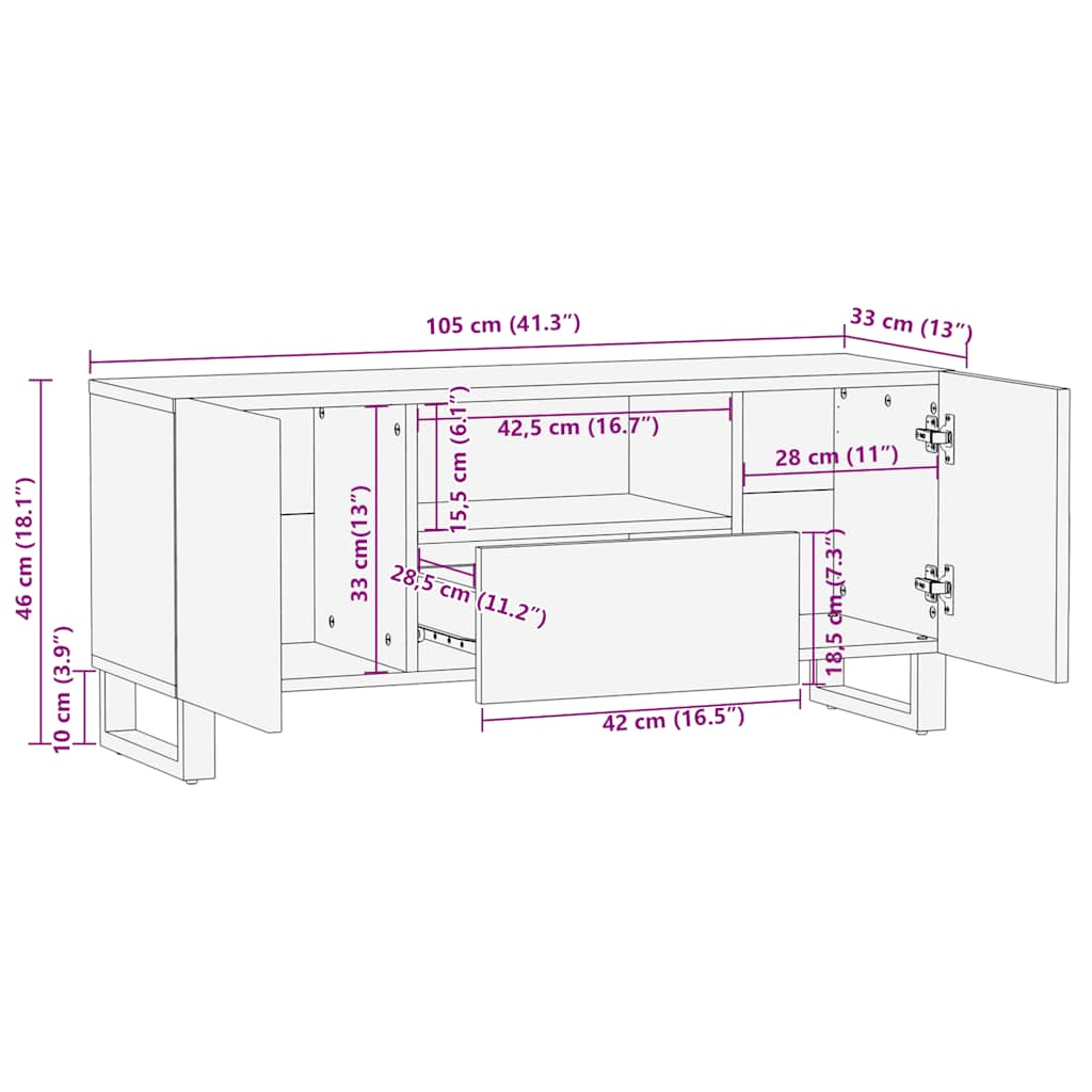 Tv-Meubel 105X33X46 Cm Massief Mangohout Zwart Donkergrijs