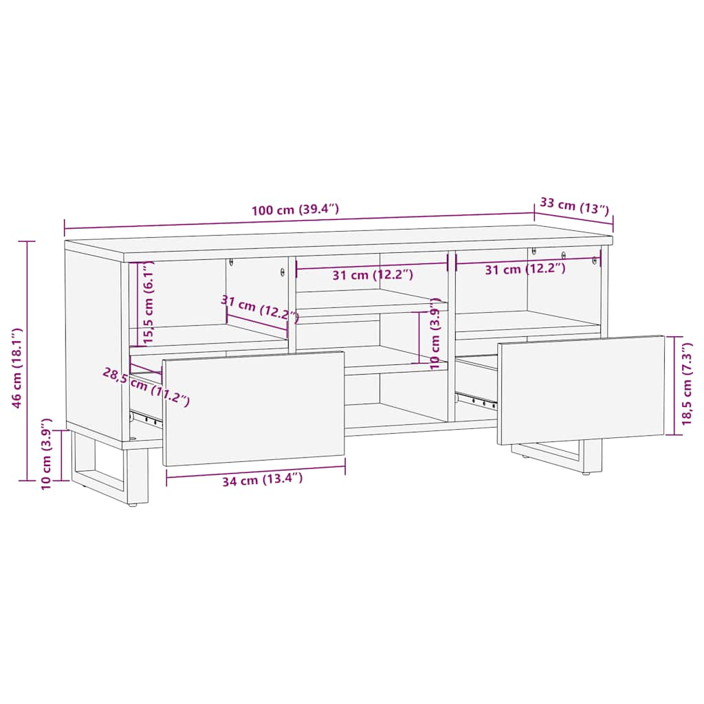 Tv-Meubel 100X33X46 Cm Massief Mangohout Zwart