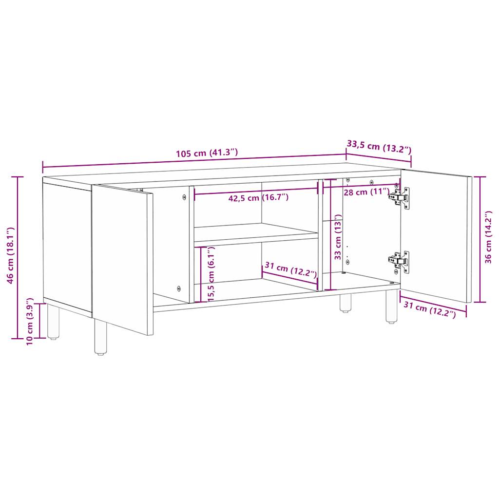 Tv-Meubel 105X33,5X46 Cm Massief Ruw Mangohout Zwart