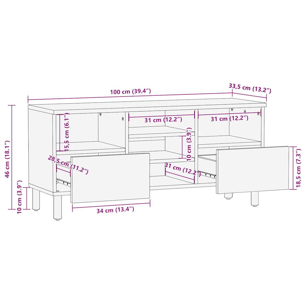 Tv-Meubel 100X33,5X46 Cm Massief Ruw Mangohout Zwart