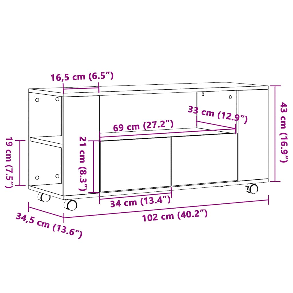 Tv-Meubel Met Wielen 102X34,5X43 Cm Bewerkt Hout