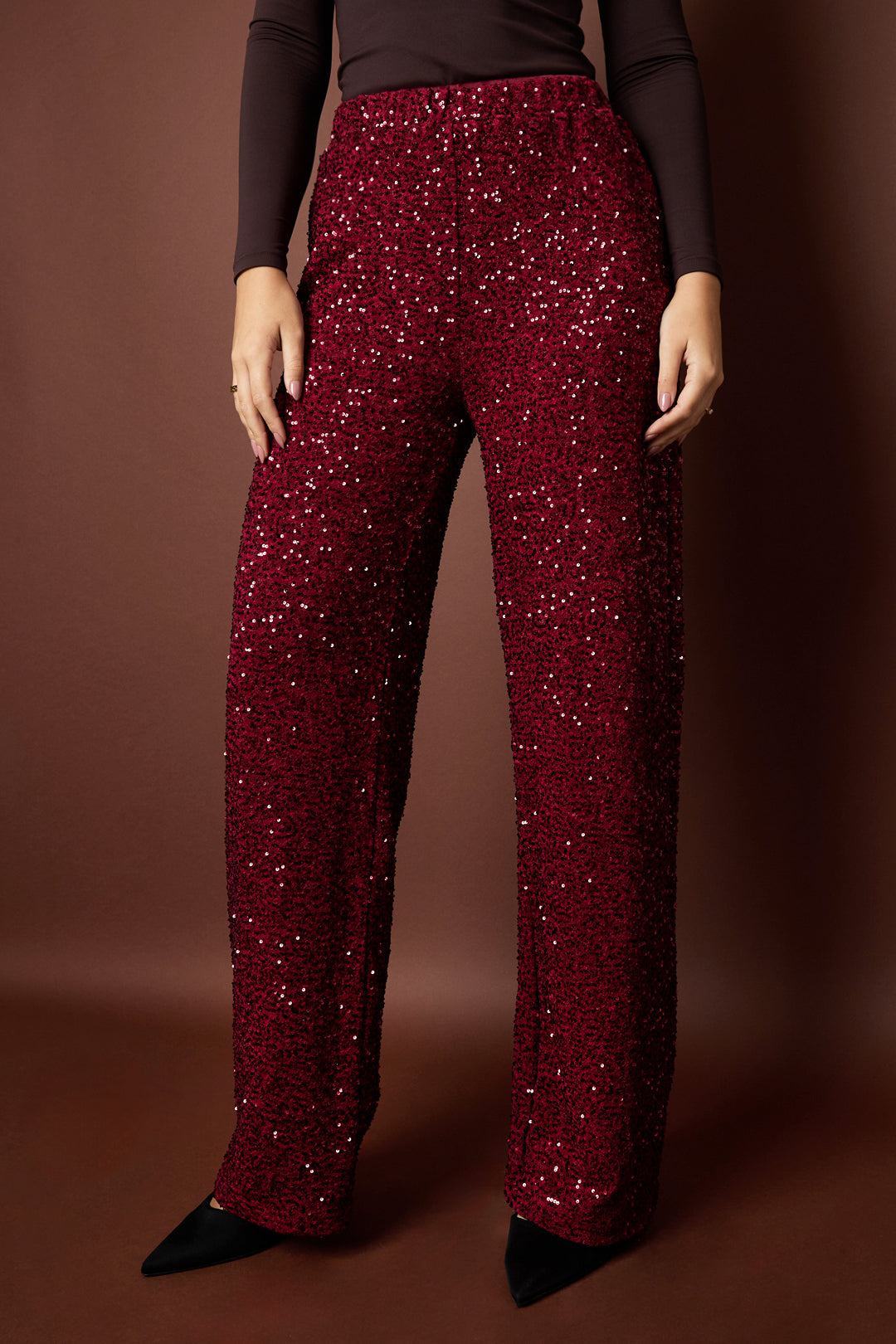 Woven Polyester Fiber Women's Straight Pants Elegant Sequins