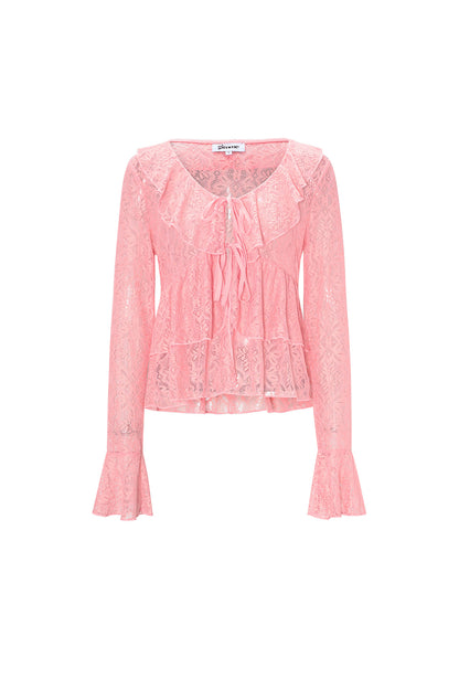Woven Lace Women's Long Sleeve Top Elegant Ruffle Detail