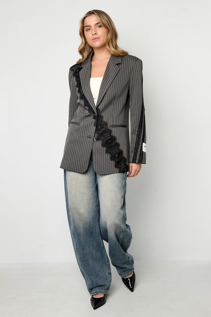 Woven Polyester Fiber Women's Suit Set Elegant Stripes Lace Panel