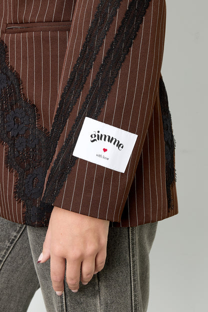 Woven Polyester Fiber Women's Suit Set Elegant Stripes Lace Panel