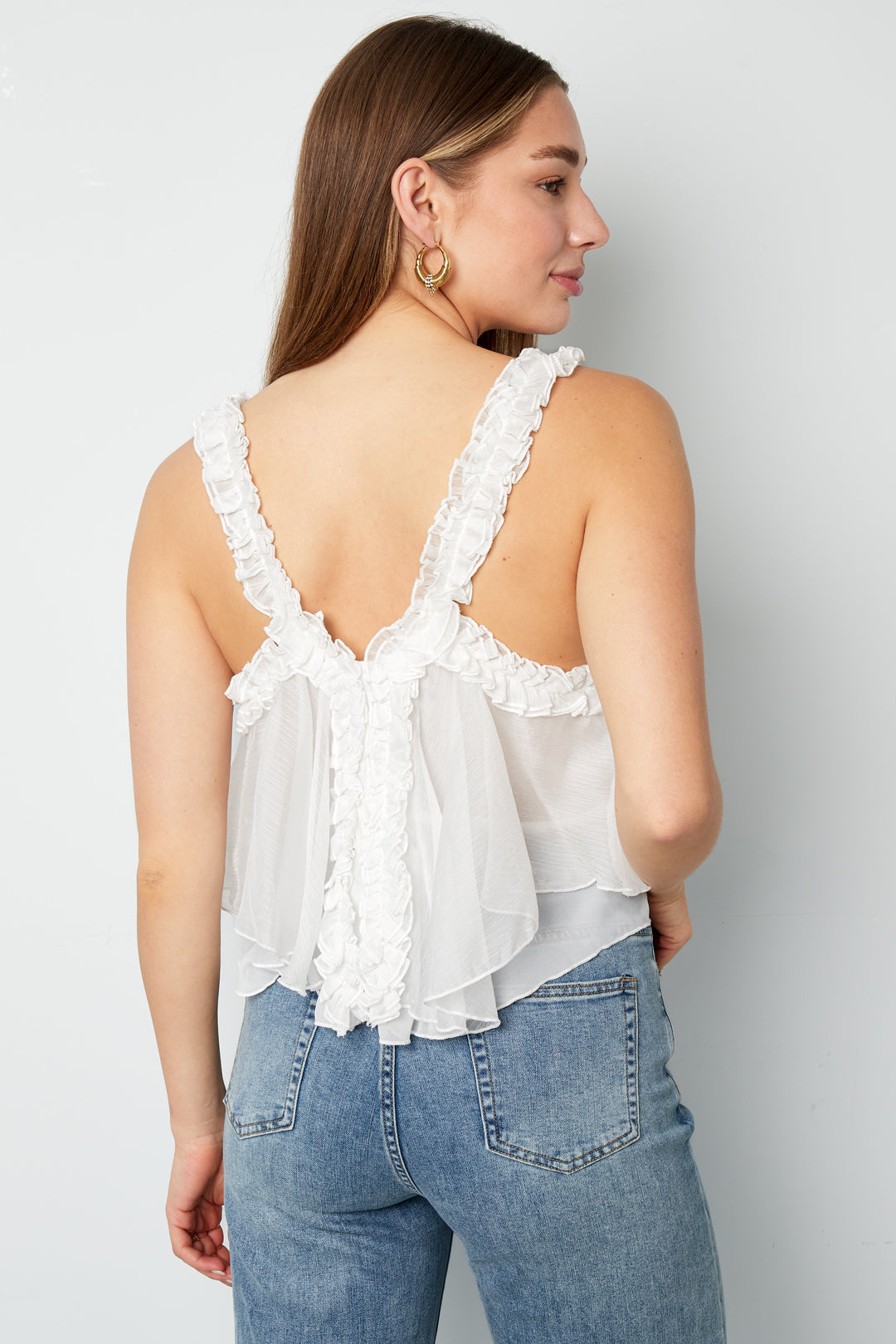 Woven White Sleeveless Top Casual Solid Color Ruffle Edge