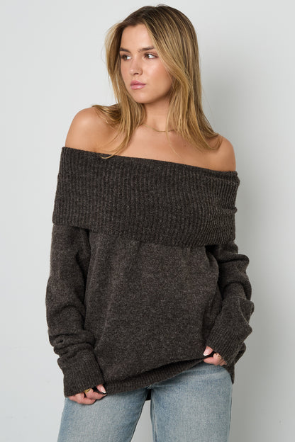 Knitted Polyester Fiber Women's Off-Shoulder Sweater Elegant Solid Color