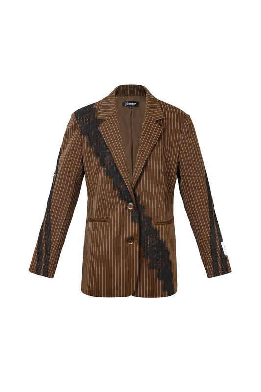 Woven Polyester Fiber Women's Suit Set Elegant Stripes Lace Panel