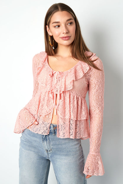 Woven Lace Women's Long Sleeve Top Elegant Ruffle Detail