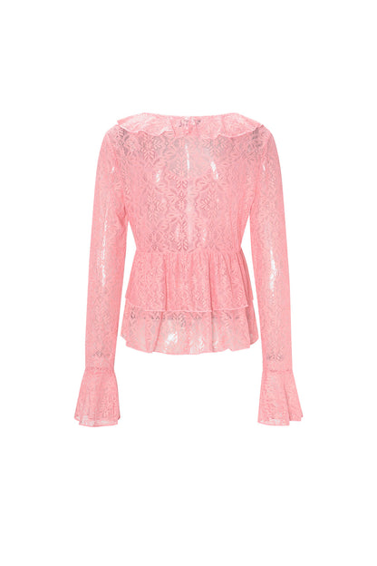 Woven Lace Women's Long Sleeve Top Elegant Ruffle Detail