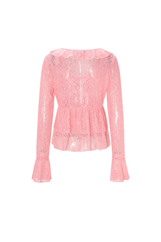 Woven Lace Women's Long Sleeve Top Elegant Ruffle Detail
