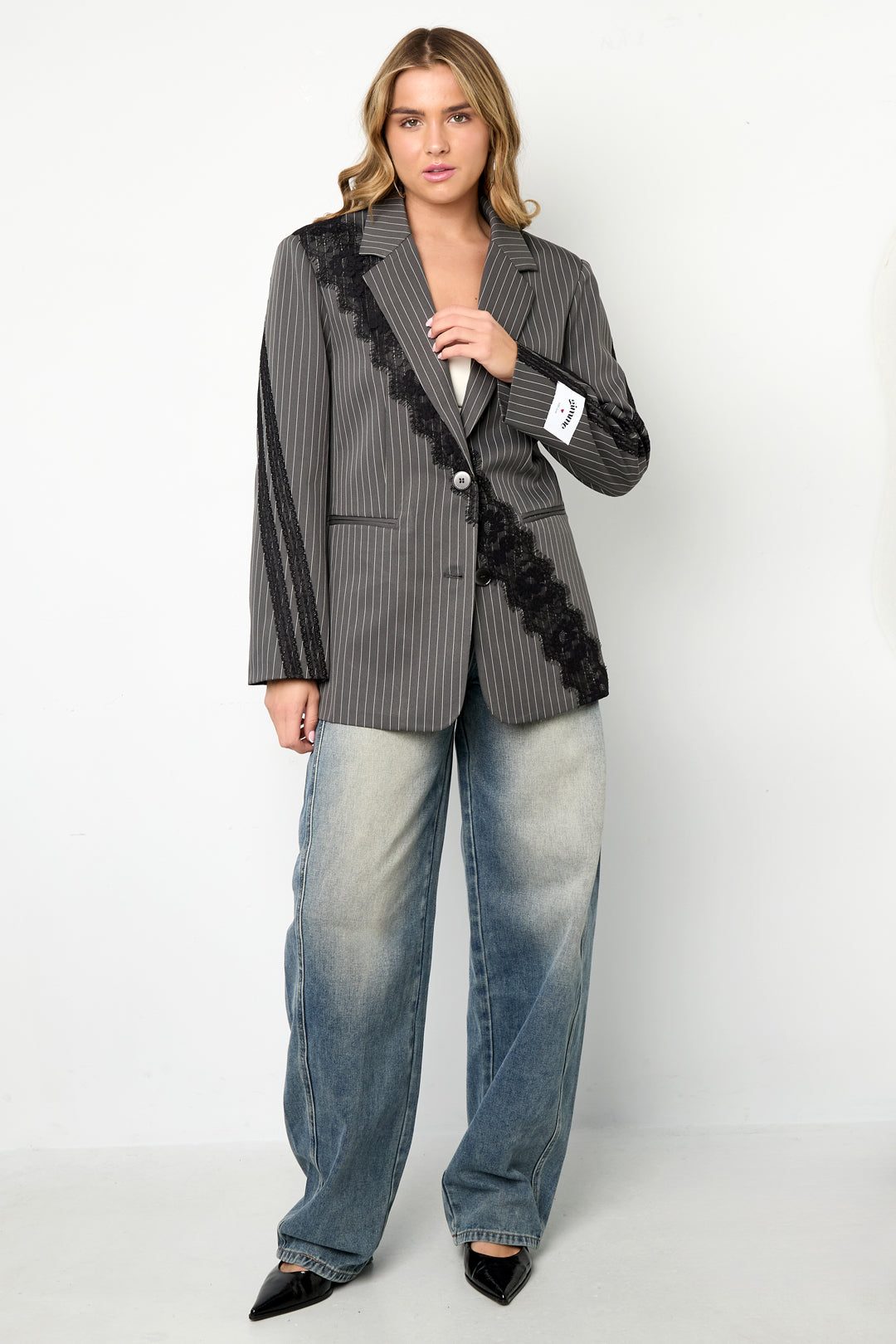 Woven Polyester Fiber Women's Suit Set Elegant Stripes Lace Panel